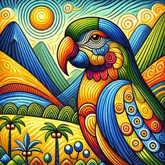 Naklejka premium A colorful parrot in a Gauguin-inspired style. Made with generative AI