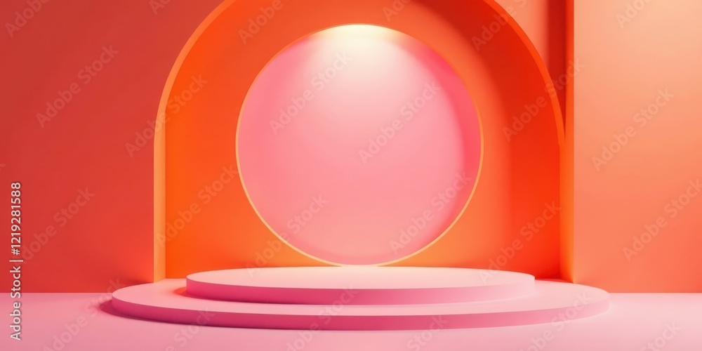 Poster Abstract coral and pink minimalist product display platform with arched walls and soft lighting