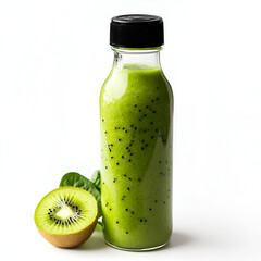 Refreshing green smoothie in a glass bottle, ready to drink.  Perfect for a healthy lifestyle.