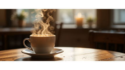 A cup of coffee on the table with steam coming out of the cup. Cozy morning with a hot beverage.