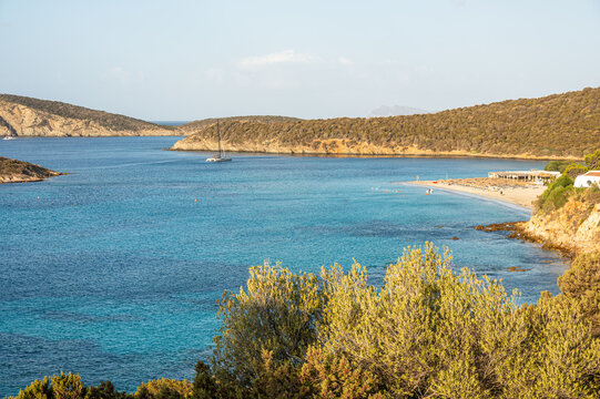 Aerial view of Tuerredda bay with the beach of fine sand and transparent blue and turquoise water