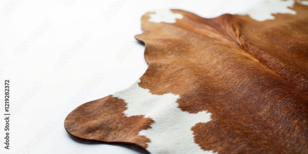 Poster a luxurious brown and white cowhide rug with a soft, undulating texture, ideal for adding a touch of