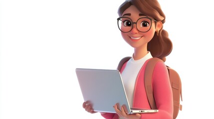3d cartoon illustration of angled view close up shot of a female programmer holding a laptop, smiling, looking at camera isolated on a white transparent background