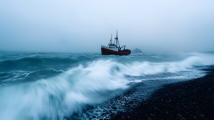 Naklejka premium Bleak and Haunting Seascape - Lone Ship Adrift in Turbulent Ocean,Obscured by Dense Fog