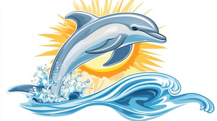 Obraz premium A dolphin jumping out of the ocean, with the sun shining behind it, on a white isolated background