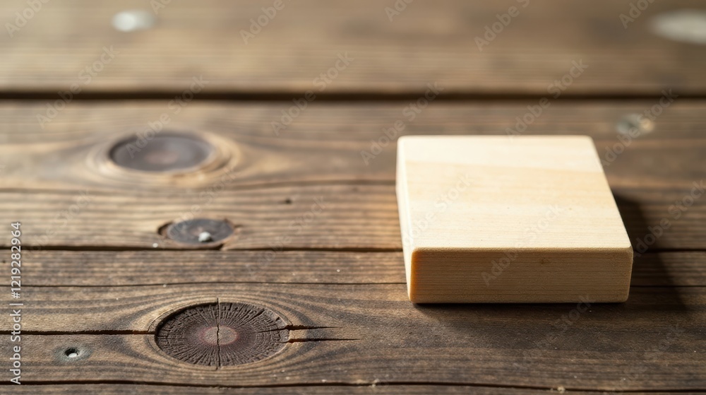 Poster a light-colored rectangular wooden block rests on a rustic brown wooden surface, providing a simple 