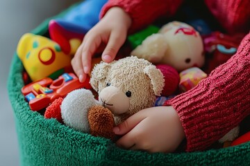 Child's Hands Organizing Plush Toys and Colorful Playthings in a Soft Green Storage Basket
