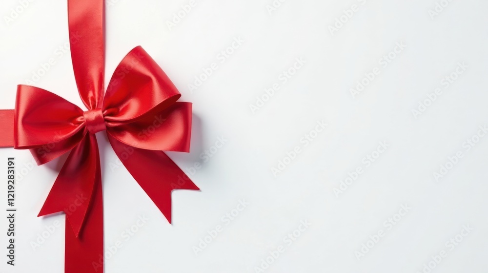 Poster a vibrant red satin ribbon bow elegantly tied on a pristine white background, perfect for adding a f