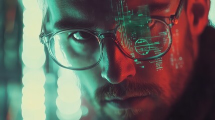 Close-up of a man in glasses analyzing digital data with futuristic overlay