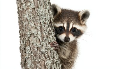 Fototapeta premium A baby raccoon peering out from behind a tree, with curious eyes, on a white isolated background