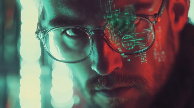 Close-up of a man in glasses analyzing digital data with futuristic overlay