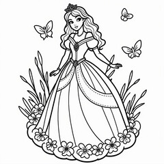 Princess Coloring Page with Flowing Dress and Garden Setting

