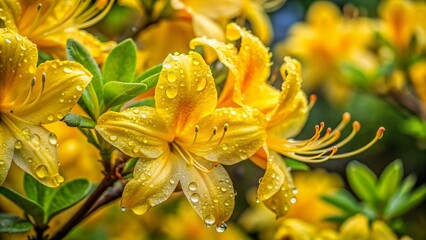 Obraz premium Rain-Kissed Yellow Azaleas: Vibrant Blooms Glistening After a Shower in a Lush Garden