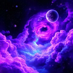 Obraz premium Vibrant Neon Galaxy Cosmos with Purple Pink Planets