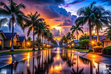 Obraz premium Rain-Washed Palm Trees, Suburban Road at Dusk