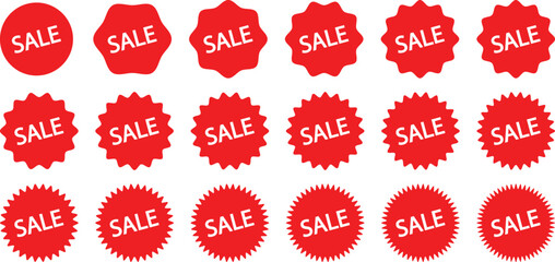  Sale sticker, price tag. Red starburst sticker set. Starburst sale price stickers and labels. Special offer price tag. Blank sale stickers. Circle sticker set. Wavy edge promo red badges