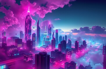 Neon Dreamscape: Futuristic Cityscape at Dusk