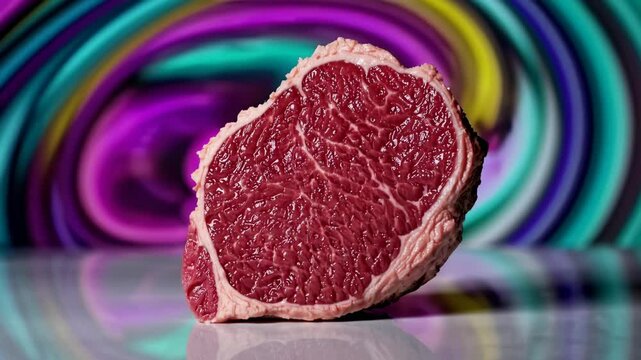 Fresh raw beef steak with vibrant abstract background, culinary art concept