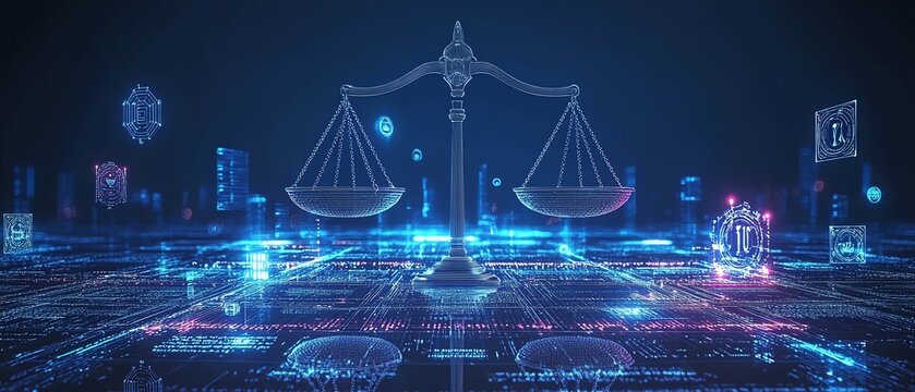 Elegant digital law scales with a data center background, encrypted symbols and holograms floating around them, perfect for placing copy or promotional text