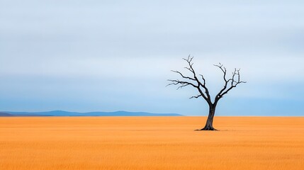 Fototapeta premium Solitary Gnarled Tree Standing Tall in Desolate Windswept Field Under Moody Storm-Filled Sky