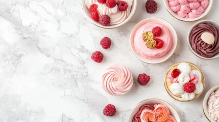 Delightful Assortment of Colorful Creamy Desserts with Fresh Raspberries and Tasty Toppings on a Marble Surface