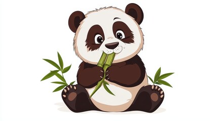 A giant panda munching on bamboo, sitting on the ground with a calm expression, on a white isolated background