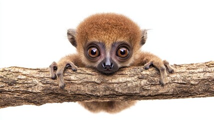 A baby lemur sitting on a tree branch, with wide, curious eyes, on a white isolated background