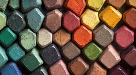 Fototapeta premium Colorful hexagonal crayons arranged in a pattern.