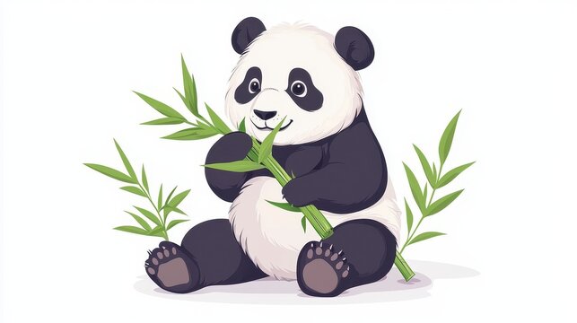 A giant panda munching on bamboo, sitting on the ground with a calm expression, on a white isolated background