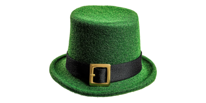 Green felt leprechaun hat with black band and gold buckle isolated on transparent background