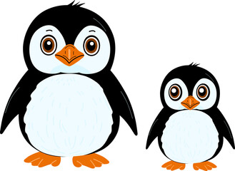  Illustration features two cartoon penguins, a larger one and a smaller one, representing a parent and child. Their big expressive eyes, round bodies, and soft color palette make them perfect for chil