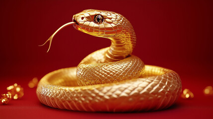 Fototapeta premium Illustration Friendly and cute, plump golden velvet baby snake sculpture, plain red Chinese New Year background, style, plain background, micro, special lighting, photography, realistic, cinematic, de