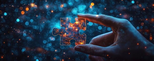 A hand holding a glowing puzzle piece with technology motifs