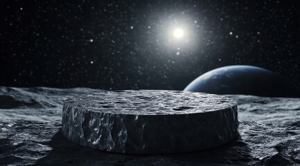 podium Lunar Platform with Earthrise: A pristine, circular platform rests on the lunar surface, with a breathtaking view of Earth rising above the lunar horizon.