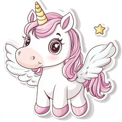 Fototapeta premium A cute cartoon unicorn with pastel colors, wings, and a horn, surrounded by colorful stars, against a white background.