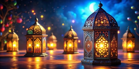 Obraz premium Ramadan Lantern Night Photography: Illuminated Festive Hanging Lamp