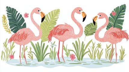 Obraz premium A group of flamingos standing in a pond, with their vibrant pink feathers and elegant necks, on a white isolated background