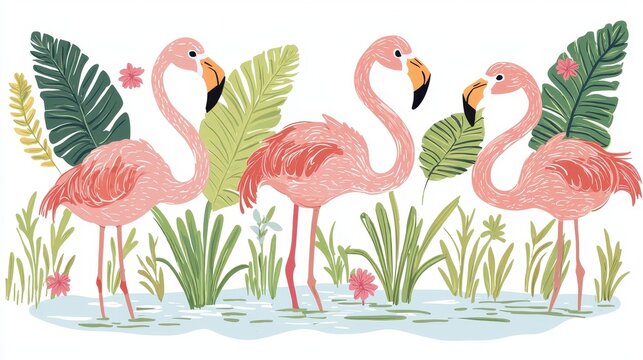 A group of flamingos standing in a pond, with their vibrant pink feathers and elegant necks, on a white isolated background
