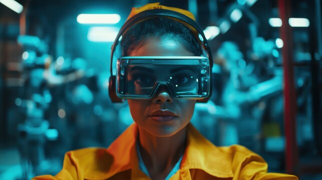 Multiethnic engineers using futuristic augmented reality glasses inside robotic factory - Industrial and technology concept - Focus on senior woman hat - Powered by Adobe