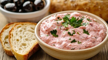 Creamy taramasalata dip with olives, bread, and fresh parsley garnish