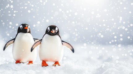 A pair of penguins waddling across the icy landscape, with snowflakes gently falling around them, on a white isolated background