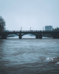 Obraz premium Swollen river floods near bridges styled in graybluewhite