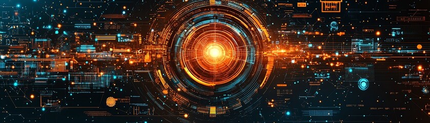 Obraz premium Intricate digital eye with glowing patterns, surrounded by surveillance satellites, drones, and network grids, capturing the essence of modern digital spying