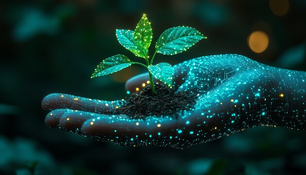 Humanlike digital hand, made of glowing circuits, delicately holding a thriving green plant, isolated on a sleek, dark background, symbolizing growth in the digital age
