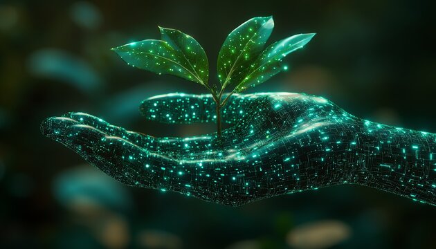 Humanlike digital hand, made of glowing circuits, delicately holding a thriving green plant, isolated on a sleek, dark background, symbolizing growth in the digital age