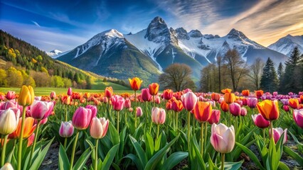 Fototapeta premium Tulip flowers in mountain landscapes 