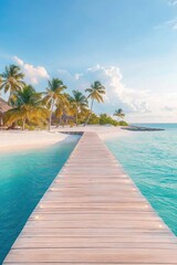 Fototapeta premium Wooden pier leads to tropical beach with calm turquoise water lagoon. Rich palm trees stand behind white sand. Resort villas seen on shoreline. Soft led lights illuminate path to paradise. Calm,