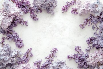 Beautiful spring floral frame with pastel flowers on white background, purple and lilac color theme, flat lay, empty space in the center for text 