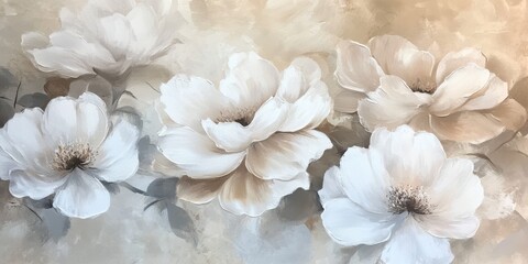 Beige and white floral pattern on a beige background, with a soft texture that resembles the delicate fabric of linen wallpaper. 