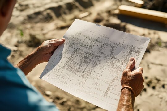 A foreperson holding a building plan on a housing project site, pointing toward construction progress.